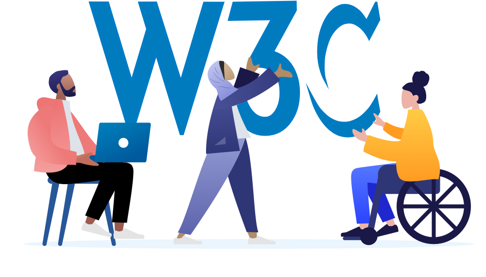 W3C logo underneath is a man with a laptop sitting on a stool, a woman in a headscarf standing up and a woman in a wheelchair