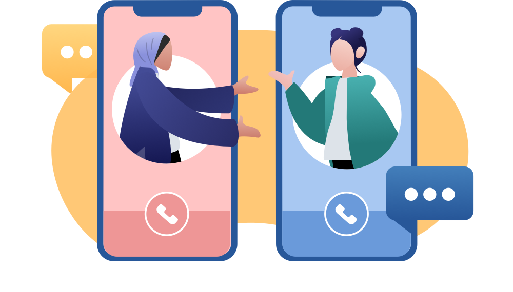 Illustration of two smartphones. There is an image of a person on the screen of each phone and they are talking to each other as if in real life