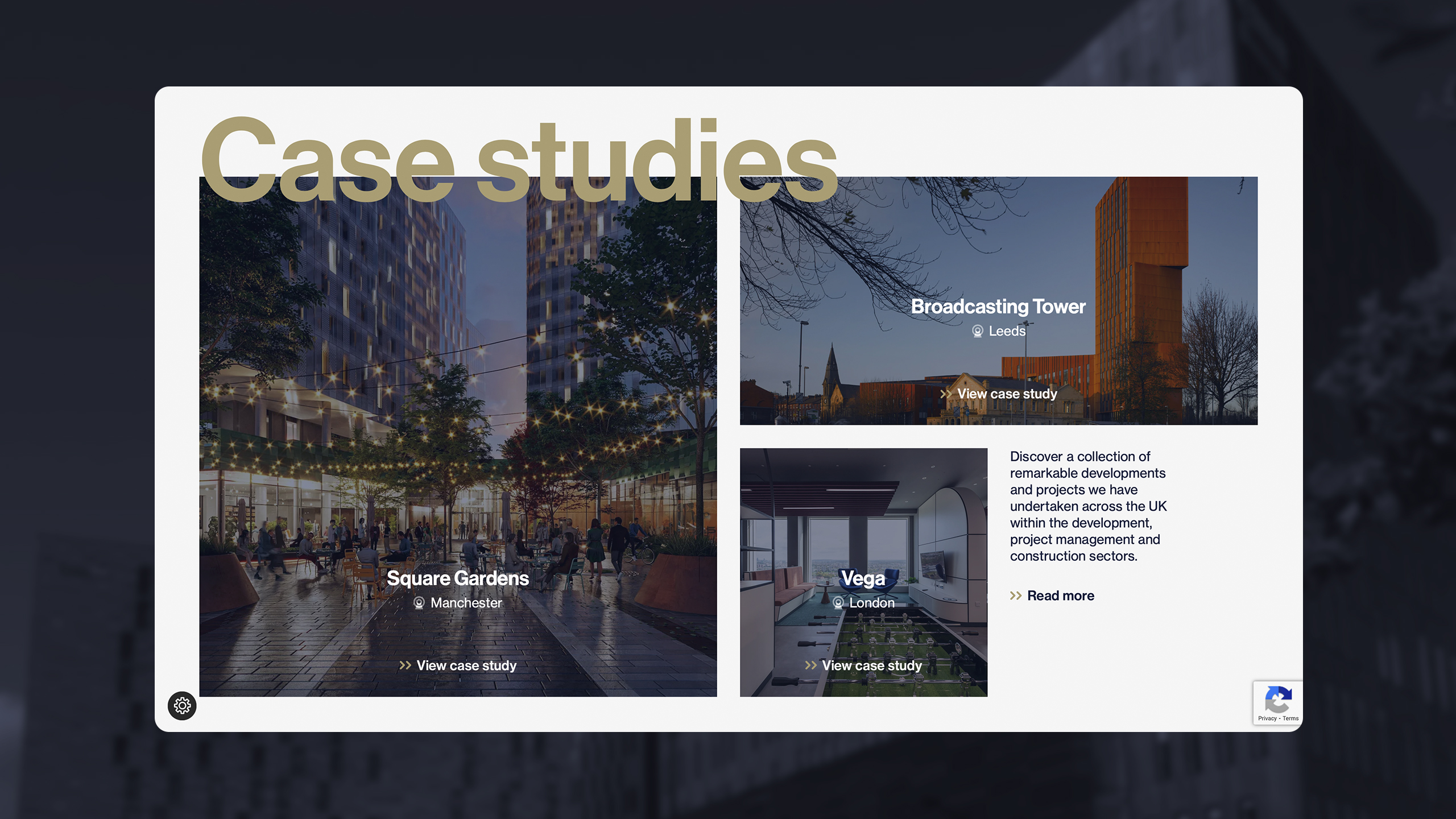 Case studies section of the Downing website. Images show mock up and examples of construction plans.